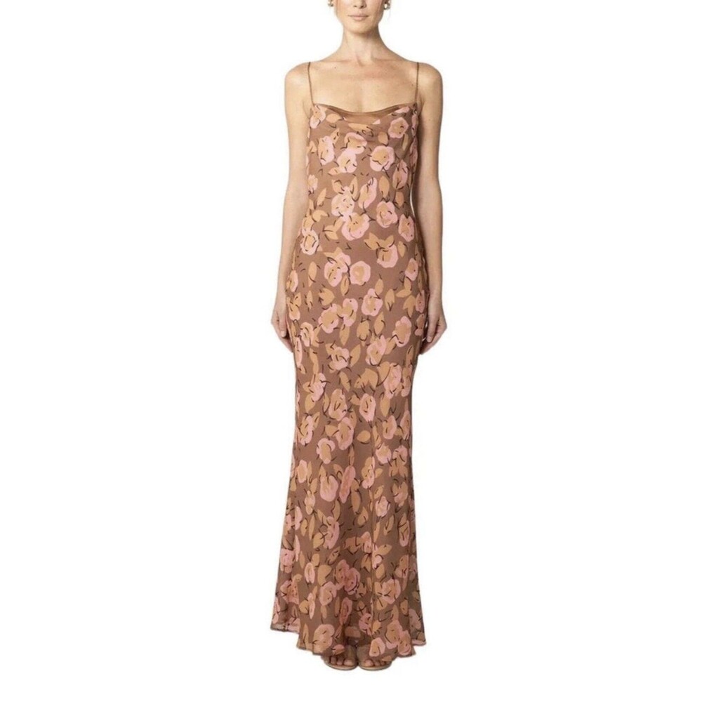 Sau Lee Tan Pink Floral Open Back Gabi Maxi Dress Size 12
